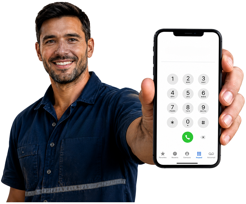 Norwest Blocked Drains plumber holding a phone — call 1300 261 965