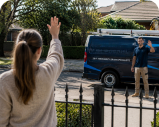 Customer waving goodbye to a Norwest Blocked Drains plumber